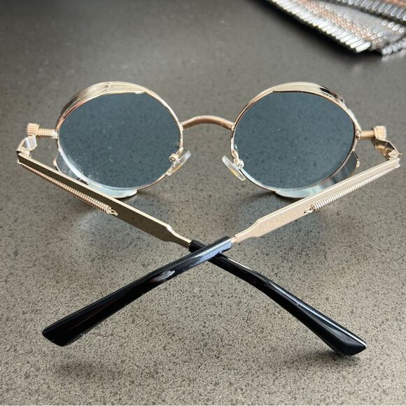 HIGH INTELLECT Round Sunglasses Retro Steampunk In Gold Frame Blue Lenses. - Picture 6 of 7